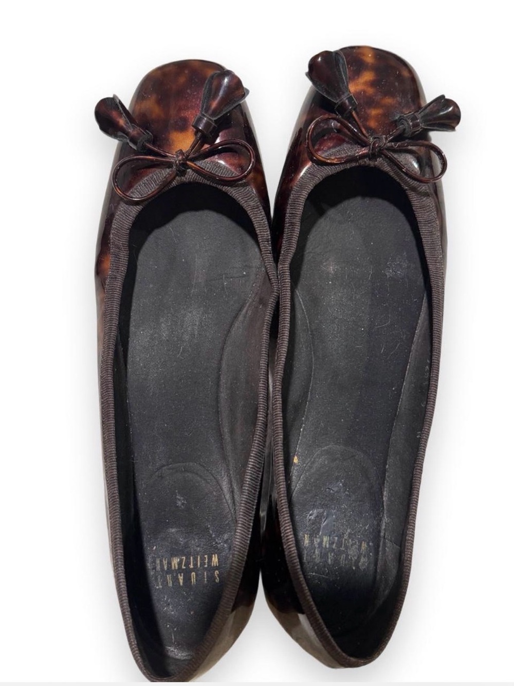 Stuart Weitzman brown tortoise shell patterned patent leather ballet flats